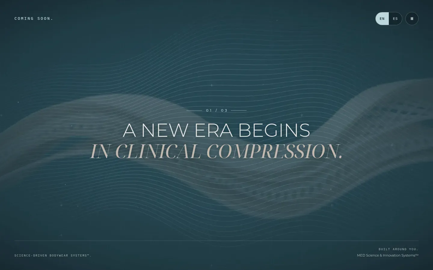 MED Science coming-soon page: the headline "A new era begins in clinical compression" over a dark teal frame of the brand film showing a wave of compression fabric.