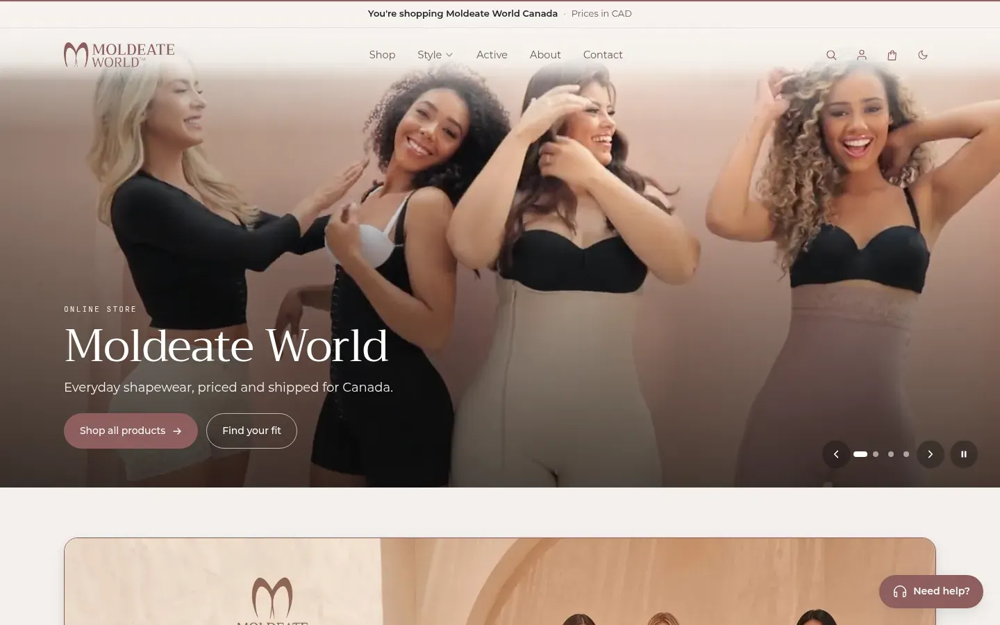 Moldeate World Canada storefront: a hero photo of four smiling women wearing shapewear, the headline "Moldeate World" and a "Shop all products" button, with a bar noting prices in CAD.